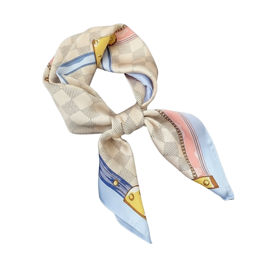 Colorful scarf with decorative buttons on a black tray, held by a hand.